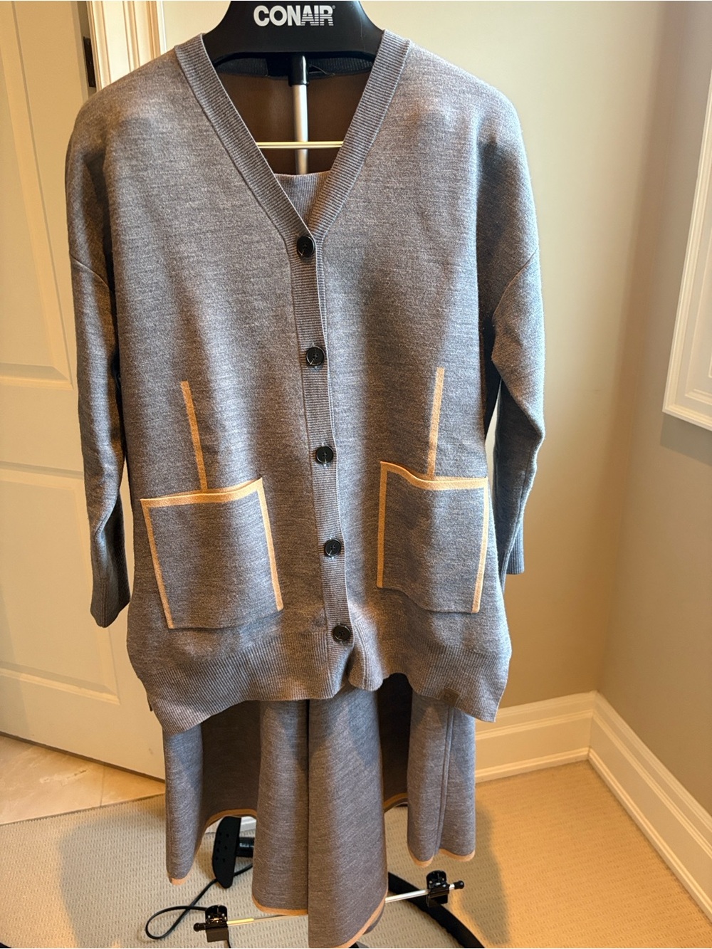 Wool Knit Cardigan and Maxi Skirt Set — Gray with camel detail
